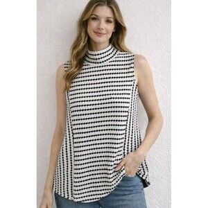 Maeve Anthropologie Tank Top XS Wh/Bk Textured Mock Neck Striped